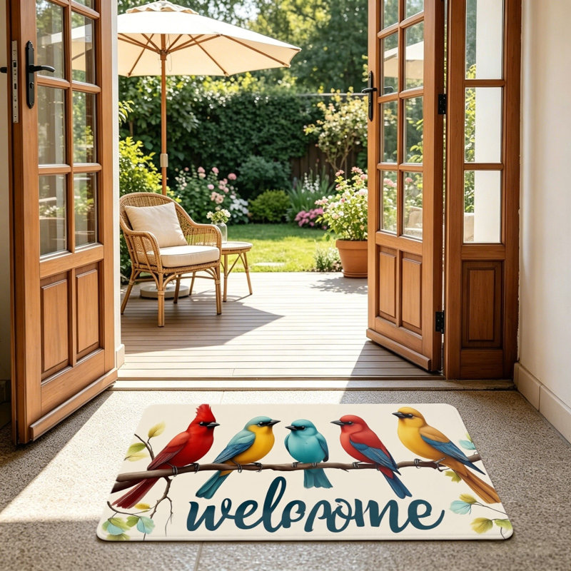 Multicolore et beige, paillasson coloré 24 po x 36 po pour porte d'entrée Colorful Birds