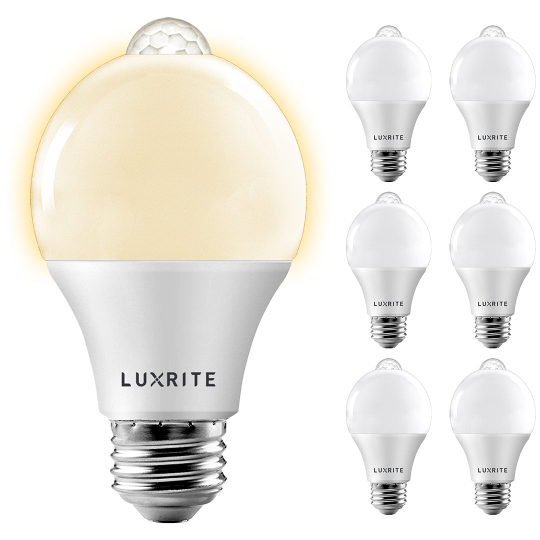 9 Watt (60 Watt Equivalent), A19 LED, Motion Sensor Light Bulb, E26/Medium (Standard) Base (Set of 6) Luxrite