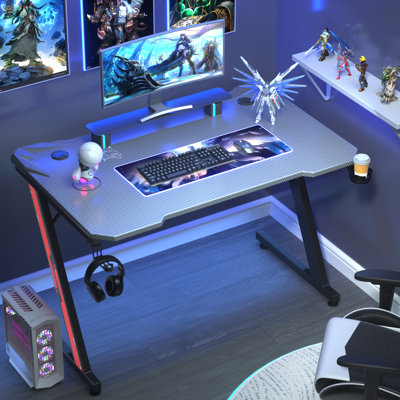 Heidrick Carbon Fiber Surface Z-Shaped Leg PC Gaming Desk with Headphone Hook and Cup Holder by Inbox Zero