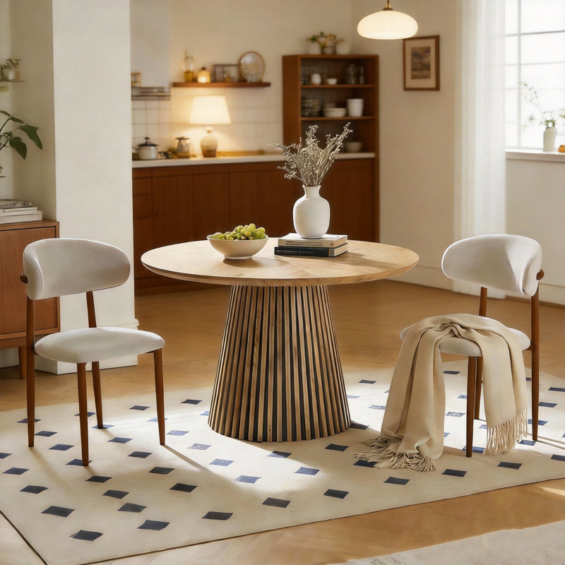 Table de salle à manger ronde en bois + ensemble d'impressions en bois de noyer (housse de siège beige discret)