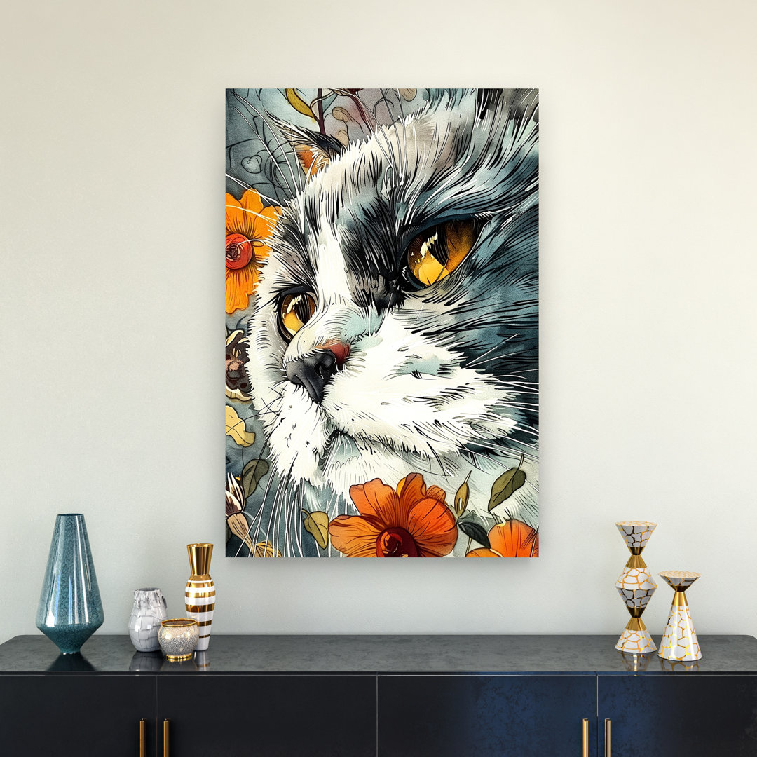 Feline Floral Gaze Contemporary Cat Flower Wall Art Print