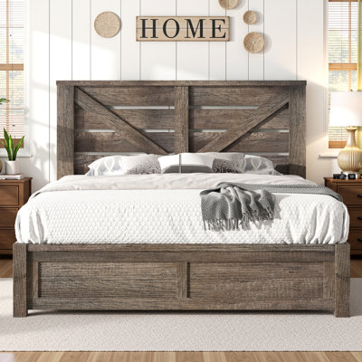  Cadre de lit double avec tête de grange 49,2 po Tryston Farmhouse, gris