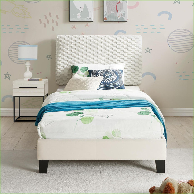 Ensemble de chambre à coucher, lit simple tapissier 2 pièces avec table de chevet, blanc cassé | Tissu, panneau de fibres à densité moyenne, revêtement | Lits standard
