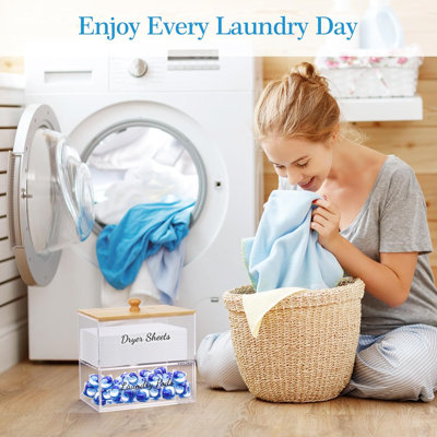 2-Layer Dryer Sheet Holder with Bamboo Lid, Clear Acrylic Laundry Drawer Organizer for Laundry Room, Bathroom & Kitchen