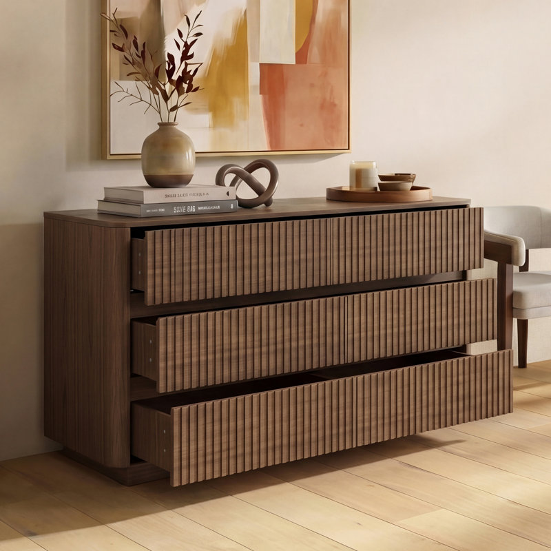 Carwell 47'' Mid-Century Modern Walnut Solid Wood 6-Drawer Storage Fluted Dresser Sideboard
