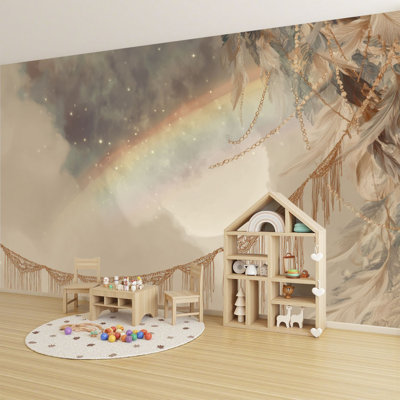 Peel and Stick Wallpaper Surreal Boho Rainbow Arch Luminous Moon Wall Murals 69"H x 96"W Removable PVC Wall Paper Self-Adhesive Wall Decor for Bedroom Living Room Home Office