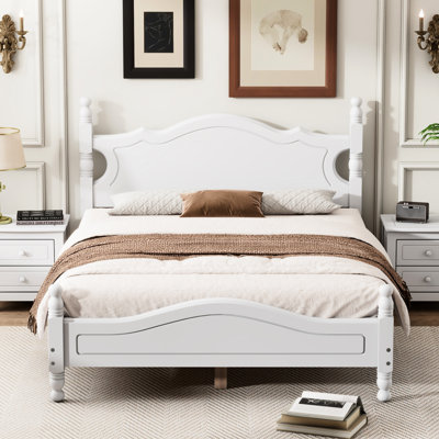 Full Size White Wood Platform Bed With Retro Nuance And Solid Slat Support Featuring Style Robust Wooden