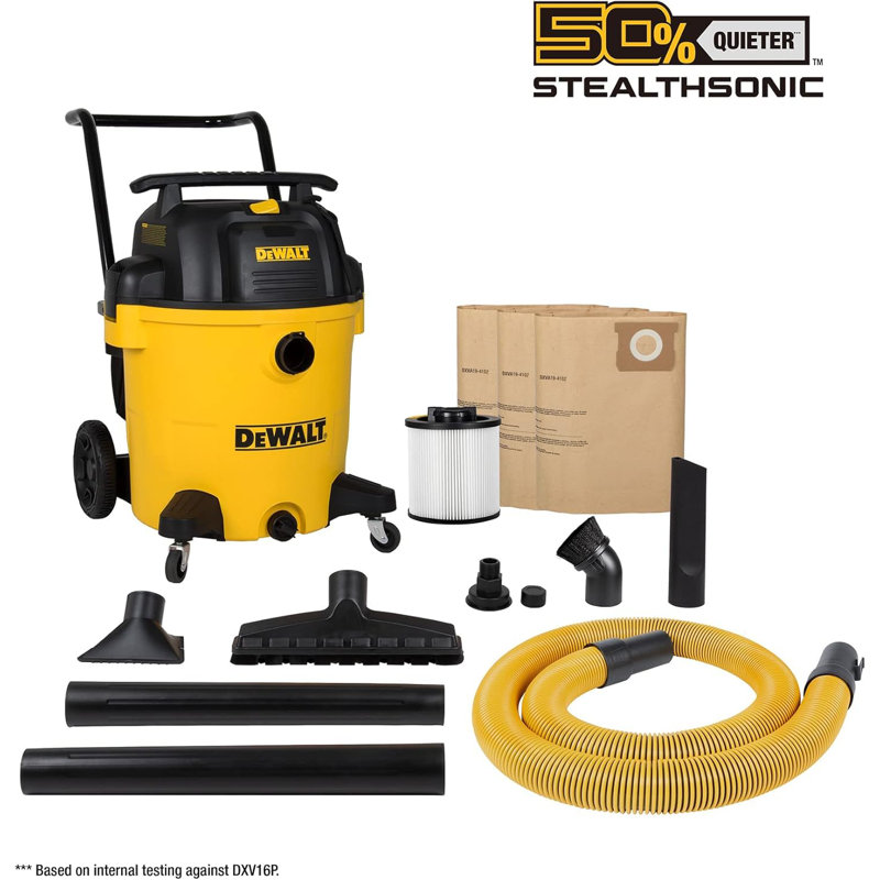 DEWALT 16 Gallon STEALTHSONIC Poly Wet/Dry Vacuum, DXV16P-QTA Noise Reduction Vac, Heavy Duty Shop Vacuum for Jobsite/Workshop, Reduce Motor Noise, Yellow