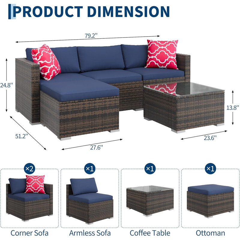 5-Piece Outdoor Patio Sectional Set with Ottoman & Tempered Glass Table, Convertible PE Rattan Sofa Set, All-Weather Garden, Backyard, Porch, and Poolside Furniture