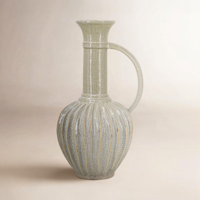 Decorative Round Ceramic Jug with Textured Ridged Design and Handle - 10.5" x 9.5" x 19" - Gold