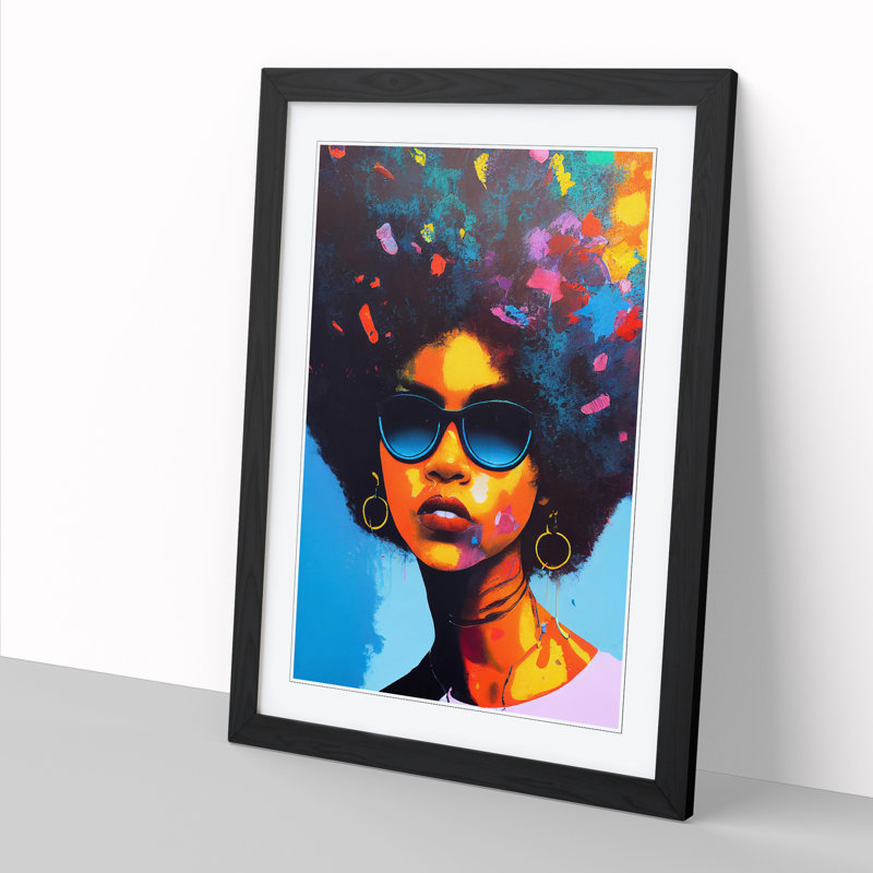 FRM-V0523-2936X Woman with Afro Hydrodipped 1 Piece Single Picture Frame Wall Art, 46cm H x 34cm W x 2cm D, Black