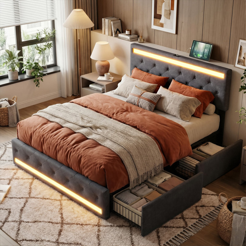 UK&EU Size Smart LED Linen Upholstery Drawer Storage Bed With Charging Station Headboard, 2 USB&1 Type-C, Dark Grey,  90/140/160X190/200cm)