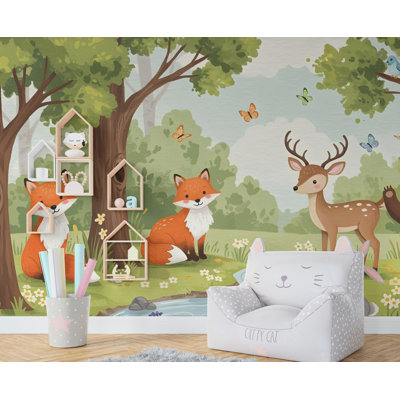 Animaux de la forêt, graphique mural, ours, renard, pelez et collez, papier peint, forêt, chambre de bébé autocollante, décoration murale