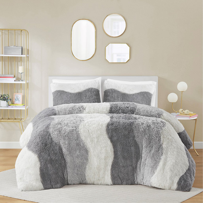 Ensemble d'édredon en fausse fourrure, Édredon simple / simple TG + 2 taies décoratives, Dégradé gris