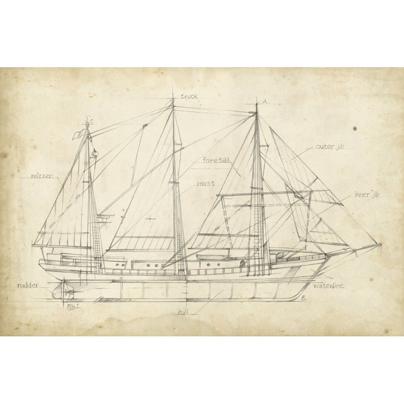 Sailboat Blueprint II by Ethan Harper - Drawing Print, 20cm H x 30cm W, Wrapped Canvas