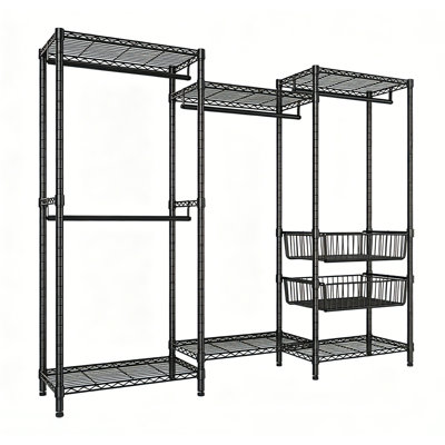 Heavy Duty Clothes Rack, Freestanding Garment Rack with 4 Hanging Rods & 2 Wire Baskets, Large Size Clothing Rack with Adjustable Wire Shelves
