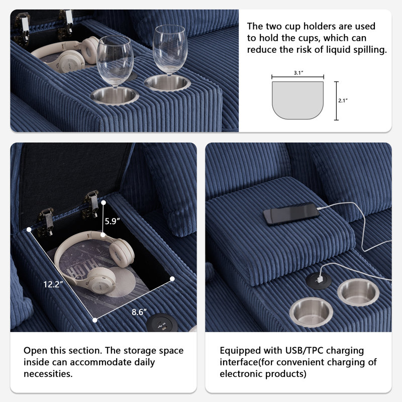 Canapé modulaire en forme de U de 124 po avec console de rangement et porte-gobelets, Velours côtelé bleu