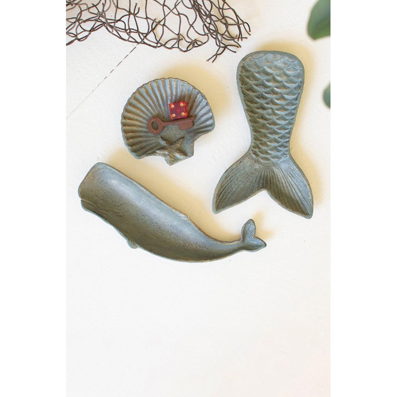  Ensemble de 3 plateaux en fonte coquille de baleine (ensemble de 3) L 6,5 po vert bord de mer or délavé