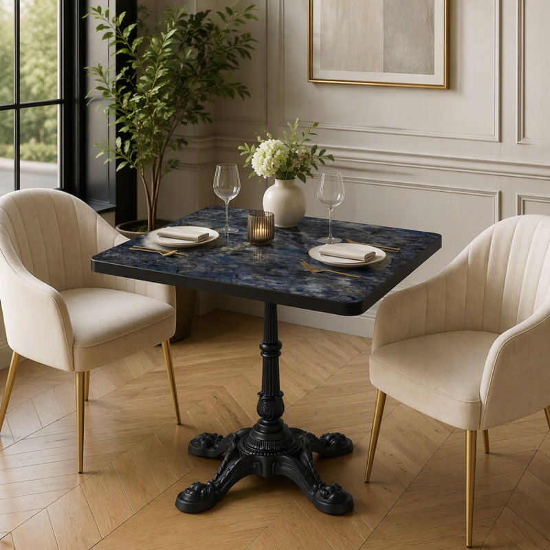 Table carrée pour l'extérieur avec plateau en pierre frittée et base en fonte robuste, pour 2 à 4 personnes, Diamant bleu