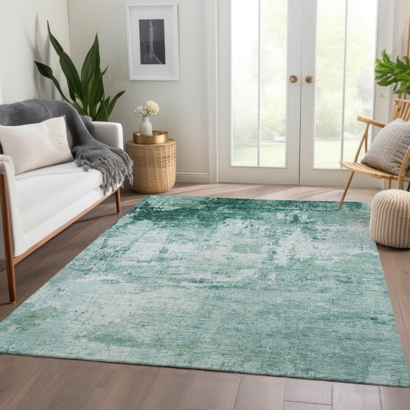 Tapis turquoise Xhevrie intérieur / extérieur lavable à la machine, Rectangle 9 pi x 12 pi
