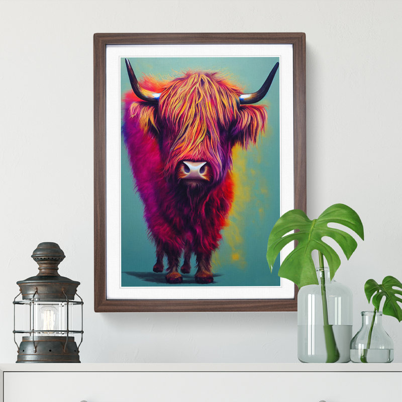 XV1022-1594X Colourful Highland Cow No.3 - Single Picture Frame Print, 34cm H x 25cm W, Brown