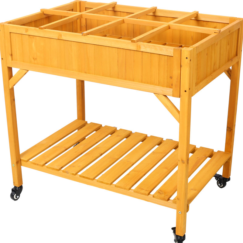 Contenant mobile en bois surélevé à 8 poches: pour plantes avec roues verrouillables, tablette de rangement et pot à fleurs avec grand espace de rangement: herbes, légumes, fleurs, trous de roues