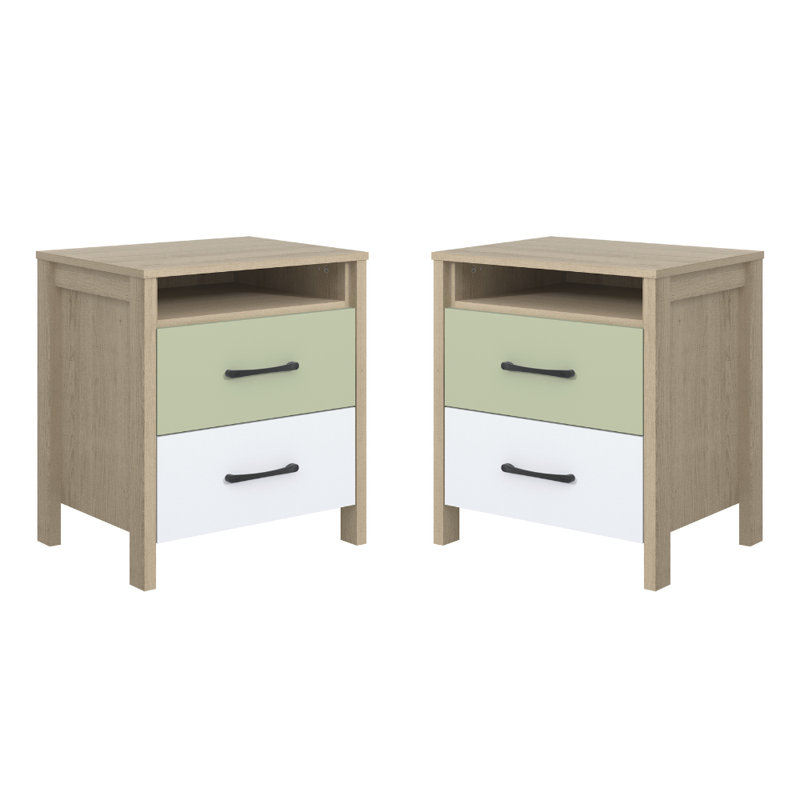 Allysyn Modern 2-Drawer Nightstand Set Of 2, Oslo Oak/Sage Green/White