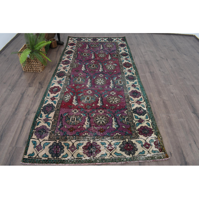 Tapis rouge rétro en laine à motif patchwork de 51,2 x 103,1 pouces