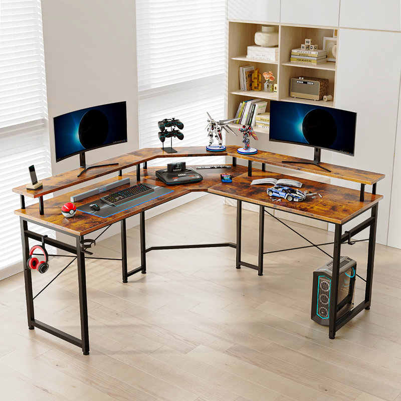 Israa L-Shaped Metal Base Computer Desk with Power Outlet, Rustic Brown/Black