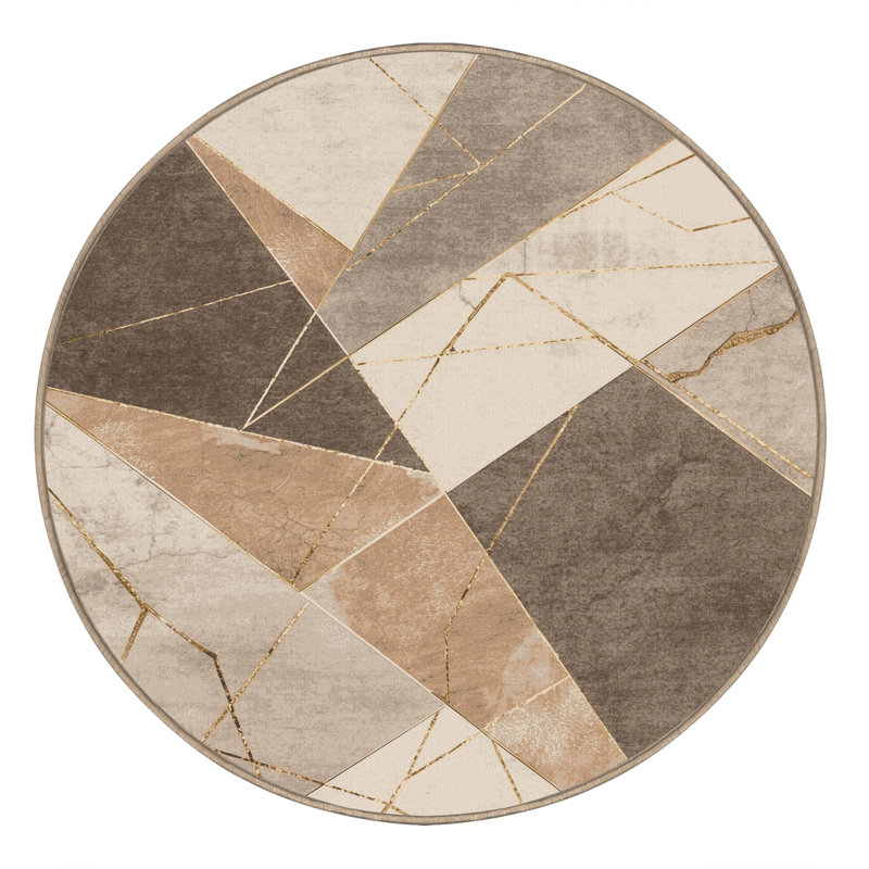 Machine Washable Roslindale Posh & Luxe Geometric Rug in Beige – Beige Binding, 5' Round