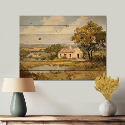 Texas Ranch Horizon III - Paysage moderne, art mural sur bois de pin naturel