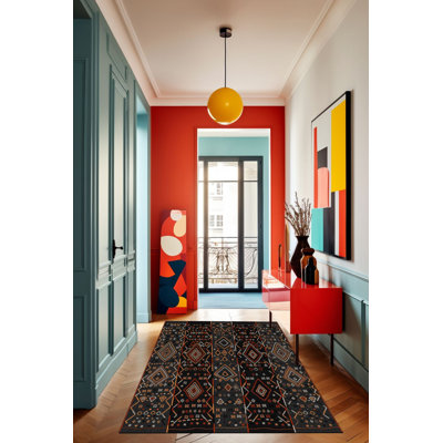 Multicolor Dark Tone Geometric Pattern Modern Machine Washable Decorative Rug
