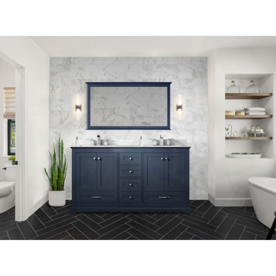 60 In. W Navy Blue Double Vanity For Bathrooms, Smooth - Finished Marble Countertop, Solid Wood Body, Soft Close Mechanism, And Ample Storage Areas Bath, Top, Build, Closing Function, Multiple