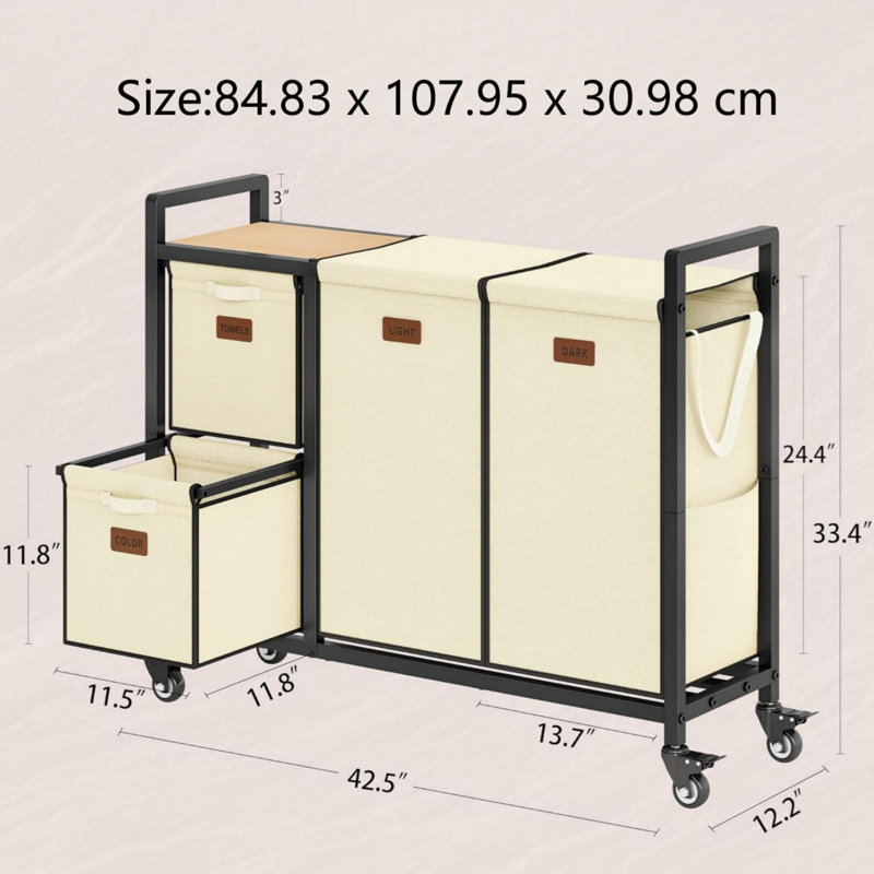 Steel Laundry Cart, Beige/Black
