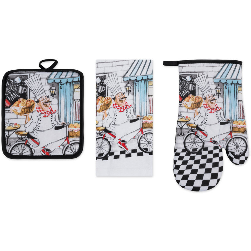 PREMIUS 3 Piece Printed Kitchen Linen Set, Baking Chef, 1 Cotton Towel, 1 Pot Holder, 1 Oven Mitt