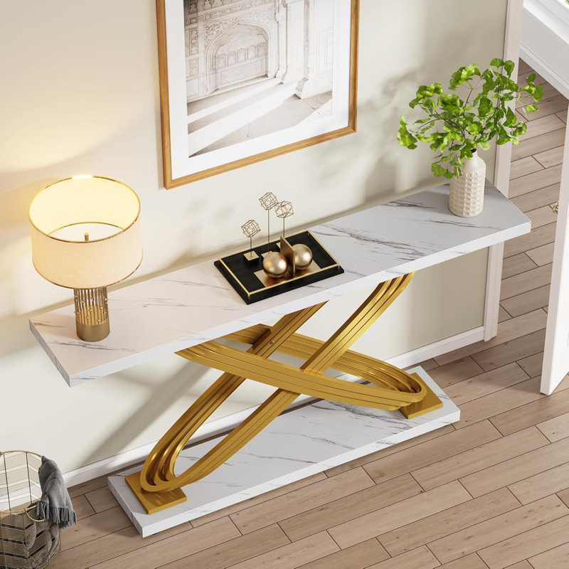 55 Inch Modern Console Table, Gold Entryway Table Behind Sofa Couch, Narrow Rectangular Sofa Table For Living Room, Bedroom, Front Hall, Hallway, Gold & White