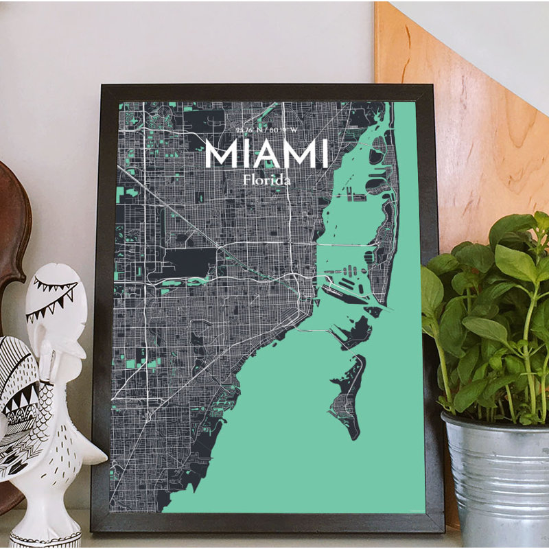 « miami city map », reproduction d’impression sur affiche en rêve, H 24 po x l 18 po x P 0,05 po