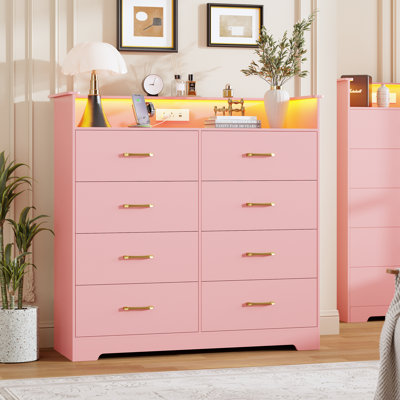 Tall Modern Chest of Drawers with LED Light Charging Station 5 Drawer Bedroom Dresser Open Eight drawer cabinet () Pink