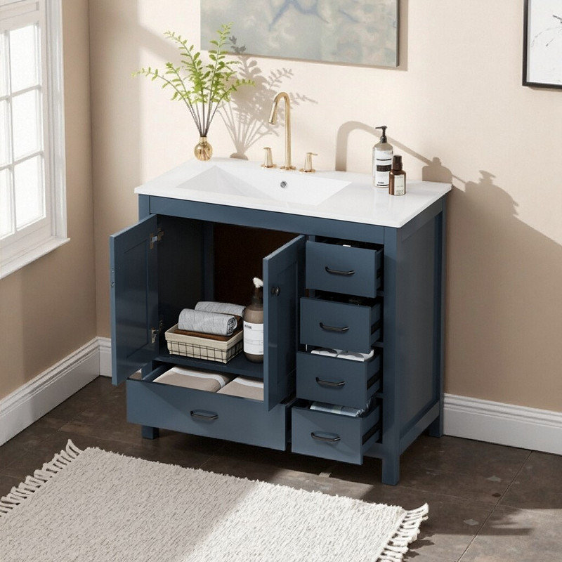 Meuble-lavabo 36 po avec lavabo en céramique, 5 tiroirs et portes à fermeture en douceur, Bleu