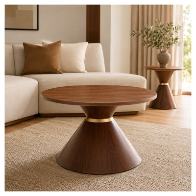 Set of 2 Round Nesting Coffee Tables with Hourglass Base, Walnut Finish MDF and Metal Frame