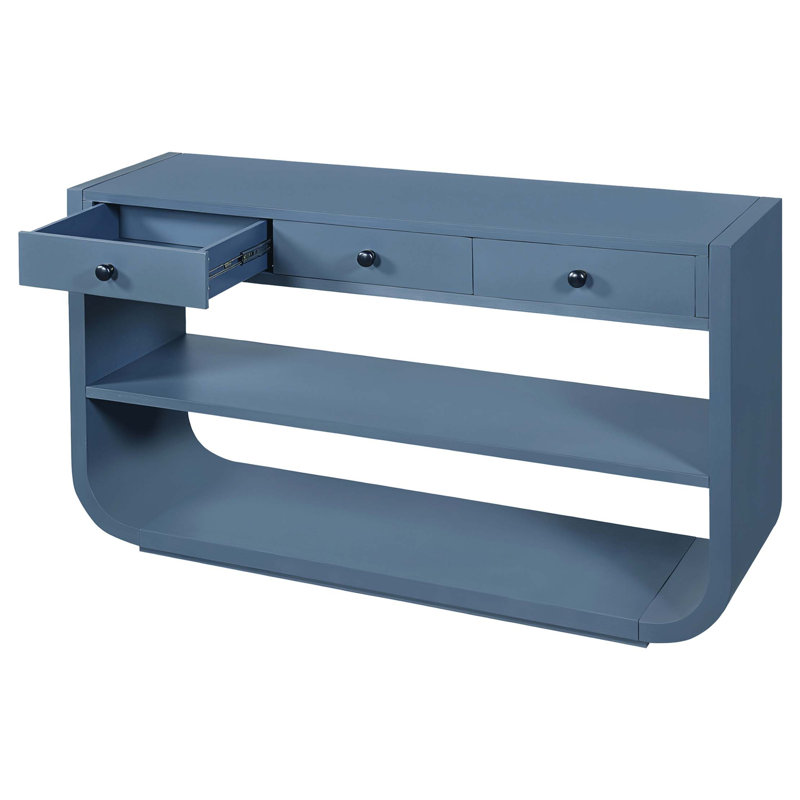 Console moderne avec 3 tiroirs à fermeture en douceur et base en bois massif, Bleu