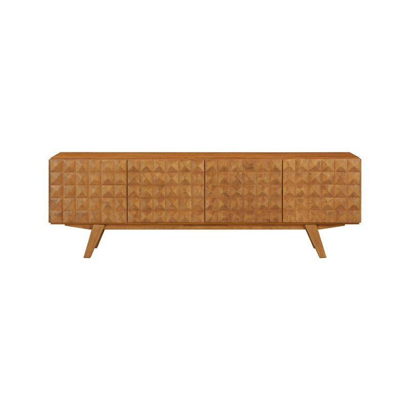  Sapa Mid-Century Modern Solid Wood TV Stand 4-Door Media Console with Carved Geometric Fronts for TVs up to 75", Effortless Assembly
