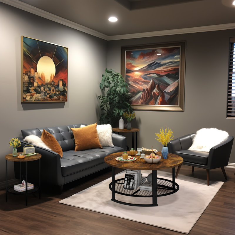 3-Piece Set Of Imitation Wood Grain Coffee Table (1 Coffee And 2 Sides): Round Tabletop Waterproof, Flat And Easy To Clean, Two-Layer Storage Capacity, Metal Table Legs