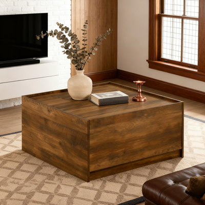 Modern Minimalist 31.5" Square Oak Finish Coffee Table With 2 Drawers