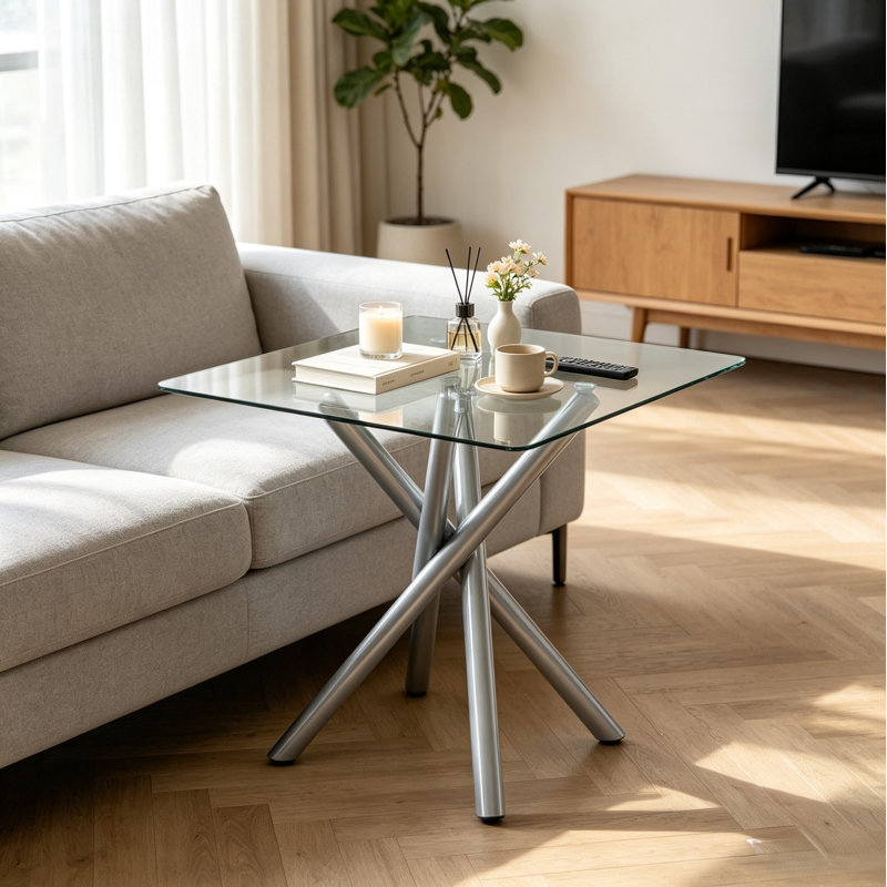 Table de bar Stable Cross Leg, table d'appoint en métal galvanisé de luxe et verre trempé