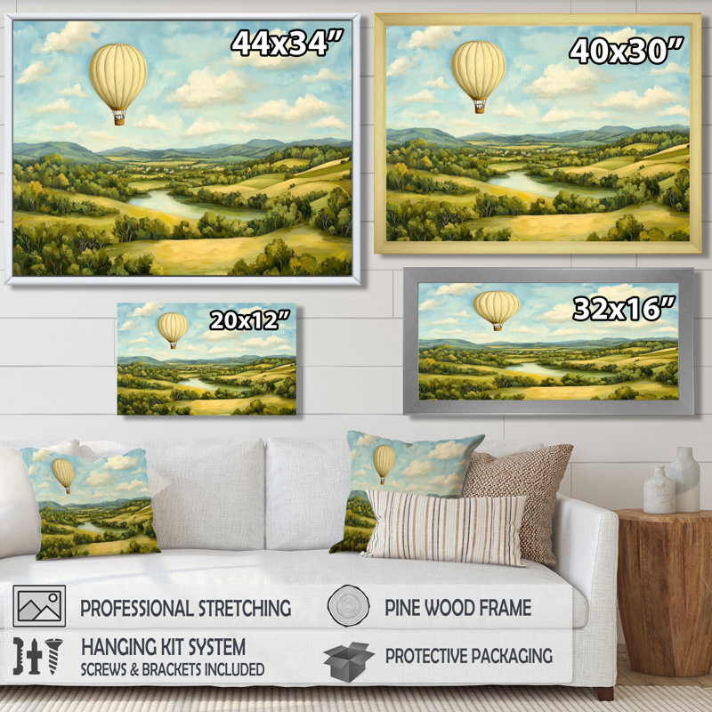 Balade en montgolfière au-dessus de la vallée en Italie I - Montgolfière, salon d'art mural, 12" H x 20" W, Argent argent
