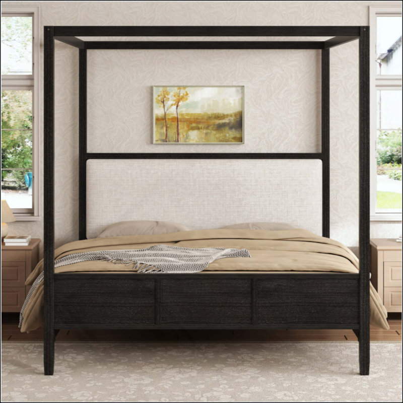 Lit plateforme à baldaquin en bois avec tête de lit tapissier, aucun sommier nécessaire, King, Black