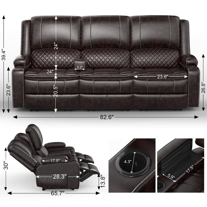 3 Seater Recliner Sofa, Manual Reclining Chair With 2-Tier Cushion