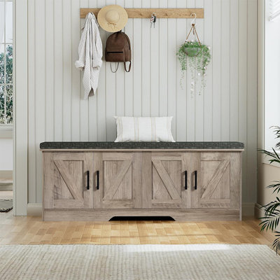 Grey Entryway Shoe Bench With Padded Cushion - 47.2 Inch Hidden Storage Bench With Sliding Barn Doors - Modern Rustic Entryway Seating & Organizer
