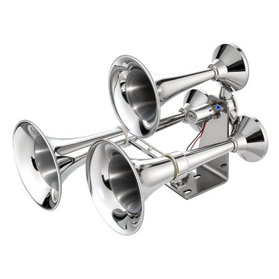 3-Trumpet Air Horn 150dB Loud Train Horn for Trucks and SUVs, Compatible with 12V/24V Vehicles & Boats, Robust Sound, Excellent Penetration, Integrated Solenoid Valve, Durable Metal Construction